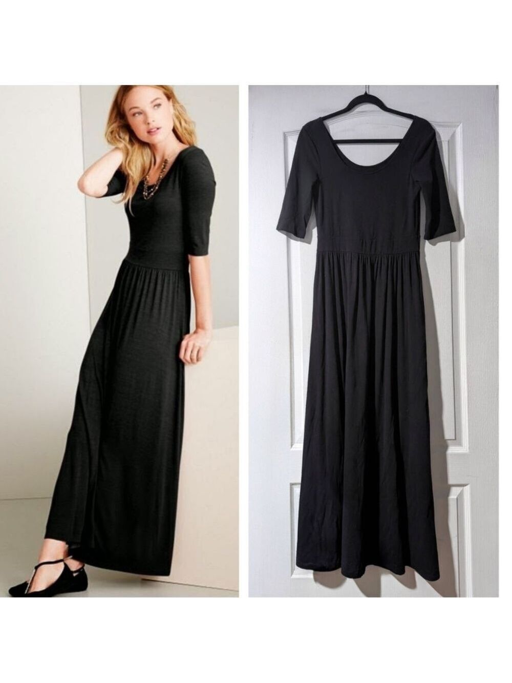 Garnet Hill | Elbow-Sleeve Scoop-Neck Maxi Dress In Black